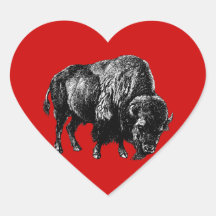 Buffalo American Bison Vintage Wood Engraving Heart Stickers