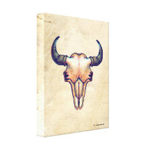 Buffalo Skull Faux Leather Stretched Canvas Print