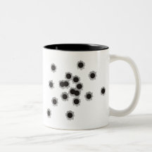 Bullet holes from a rifle or gun, possibly shotgun coffee mugs