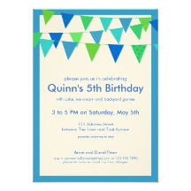 Bunting Banner Birthday Party Invite, blues greens