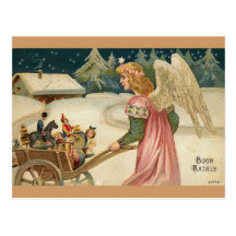 BUON NATALE! ANGEL IN SNOW WITH CART & TOYS POST CARD