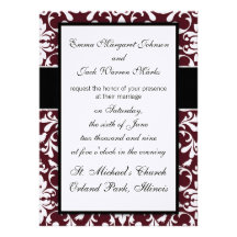 burgandy and white bird damask ornate  design personalized invite