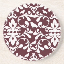 burgandy and white bird damask ornate pattern coaster