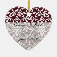 burgandy and white bird damask ornate pattern christmas ornament