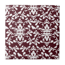 burgandy and white bird damask ornate pattern tiles