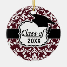 burgundy and white bird damask ornate graduation ornament