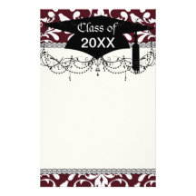 burgundy and white bird damask ornate graduation stationery