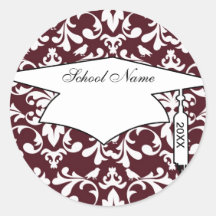 burgundy and white bird damask ornate graduation round stickers