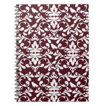 burgundy and white bird damask ornate pattern spiral note book