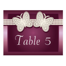 Burgundy Studded Butterfly Wedding Table Number Post Cards