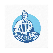 Butcher With Meat Cleaver Meat Cuts Retro Stretched Canvas Prints