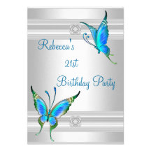 Butterflies 21st Birthday Party White Silver Teal Personalised Announcements