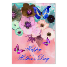 BUTTERFLIES,PINK TEAL  ROSES AND ANEMONE FLOWERS GREETING CARDS