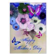 BUTTERFLIES ,WHITE BLUE  ROSES AND ANEMONE FLOWERS GREETING CARD