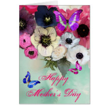BUTTERFLIES ,WHITE PINK ROSES AND ANEMONE FLOWERS CARD