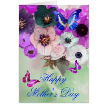 BUTTERFLIES,WHITE PURPLE ROSES AND ANEMONE FLOWERS GREETING CARDS