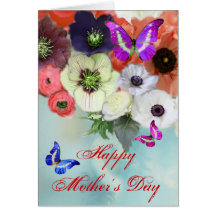 BUTTERFLIES ,WHITE RED  ROSES AND ANEMONE FLOWERS GREETING CARD