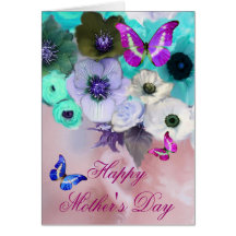 BUTTERFLIES ,WHITE TEAL ROSES AND ANEMONE FLOWERS GREETING CARD