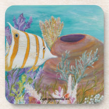 Butterfly fish painting on beverage coaster