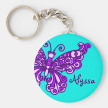 Butterfly girls aqua purple name keychain