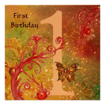 BUTTERFLY IN GOLD SPARKLES 2  First Birthday Party Announcements