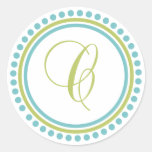 C Monogram (Chartreuse / Teal Dot Circle) Round Stickers