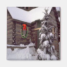 Cabin in the snow at Christmas magnet