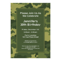 Camo Military Theme Birthday Party Personalised Invitations