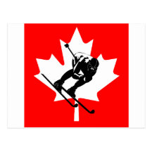 Canada flag downhill skier post card
