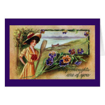 Canoeing Woman and Pansies Greeting Cards