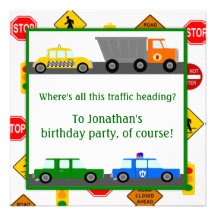 Cars, Trucks and Street Signs Children's Birthday Personalised Invites