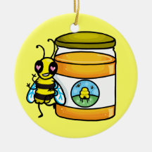 Cartoon bee leaning on honey jar christmas tree ornaments