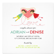 Cartoon Boy Hearts Girl Couples Shower Party Custom Invitation