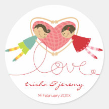 Cartoon Boy Hearts Girl Thank You Gift Sticker