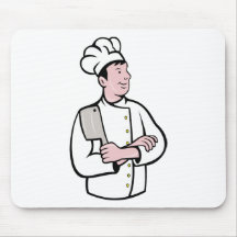 cartoon Chef cook holding meat cleaver knife Mousepads