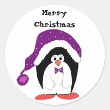 Cartoon Christmas Penguin Round Sticker