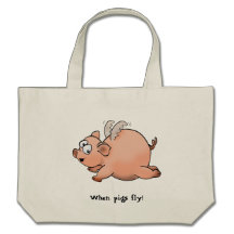 Cartoon drawing of a pig with wings flying bag