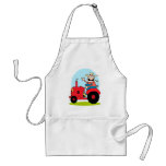 cartoon farmer riding a red tractor aprons