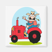 cartoon farmer riding a red tractor magnet