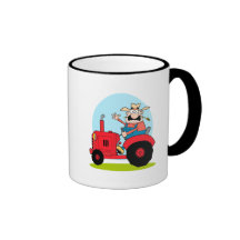 cartoon farmer riding a red tractor mugs