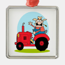 cartoon farmer riding a red tractor ornament