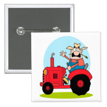 cartoon farmer riding a red tractor pinback button