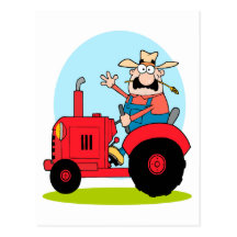 cartoon farmer riding a red tractor post cards