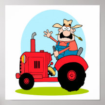 cartoon farmer riding a red tractor print