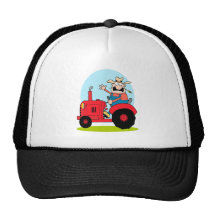 cartoon farmer riding a red tractor trucker hat