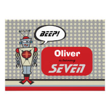 Cartoon Retro Robot Cute Kids Boy Birthday Party Announcement