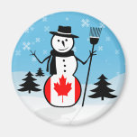 Cartoon Snowman in Field of Snow and Canada Flag Magnet