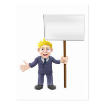 Cartoon suit man holding sign postcard