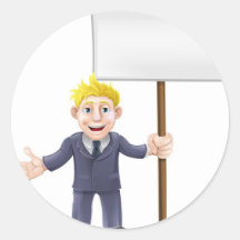 Cartoon suit man holding sign round stickers