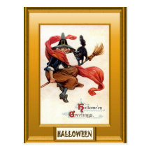 Cat and witch flight postcard